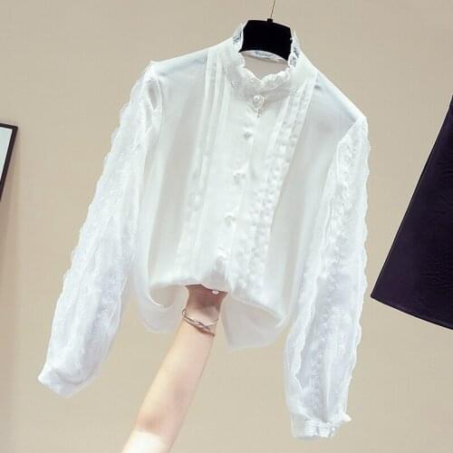 Blouse Women Long Sleeve White Blouse Stand Collar Chiffon Blouse Shirt Tops Women Blusas Mujer De Moda 2021 Women Clothing D915