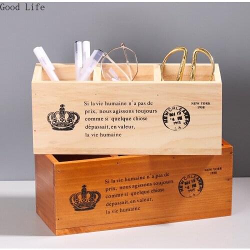 Retro Wooden Desktop Stationery Storage Box Solid Wood 3 Grids Pen Holder Multifunctional Sundries Storage Box