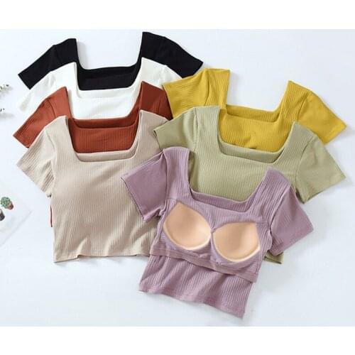 Fashion Summer Women T-Shirts Chest Pad Built In T-shirt O-Neck Short Sleeve Women Tops Breathable Short Tshirt FNJK1