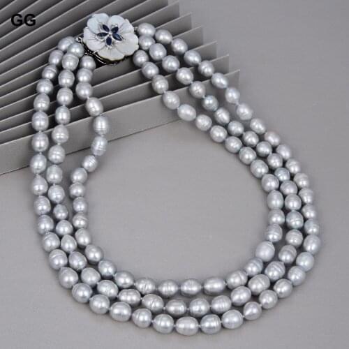 GuaiGuai Jewelry 18''-21'' 3 Strands Natural Grey Rice Pearl Necklace Classic For Women