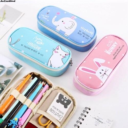 Kawaii Canvas Elephant Pencil Case School Supplies Kitten Pencil Cases Pouch Girl Boys Stationery Rabbit Pen Storage Bag