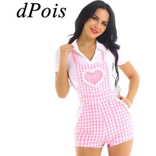 Womens Schoolgirls Short Overalls Cosplay Costume Cute Criss-cross Back Gingham Print Babydoll Shortalls Girls Overalls Summer