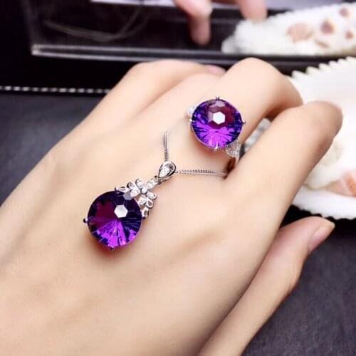 Natural purple amethyst gemstone jewelry set earrings ring necklace for women silver ornament round natural gem birthday gift
