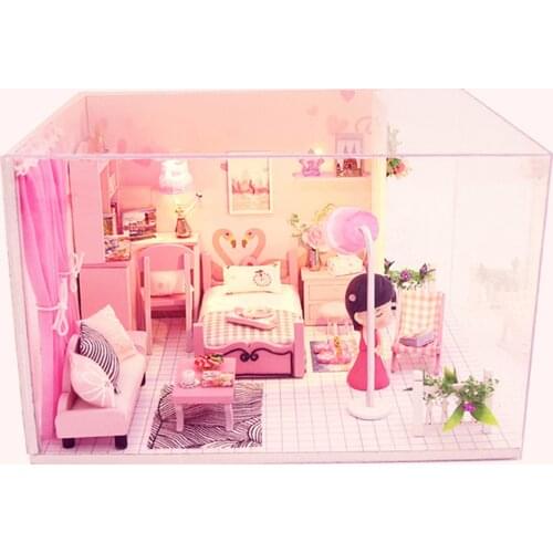 Dollhouse with Furniture w/ LED Light & Dustproof Case Wood Pink Cottage Creative Room 3D Puzzles Doll House Model Gift