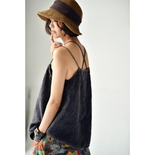 MICOCO B8065C Heavy washed linen made of old mottled Tibetan blue loose-fitting vest for literary ladies