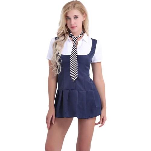 Fashion 2Pcs Women Lady Adult School Girl Student Uniform Short Sleeve Fancy Shirt Dress With Necktie Cosplay Role Play Costume