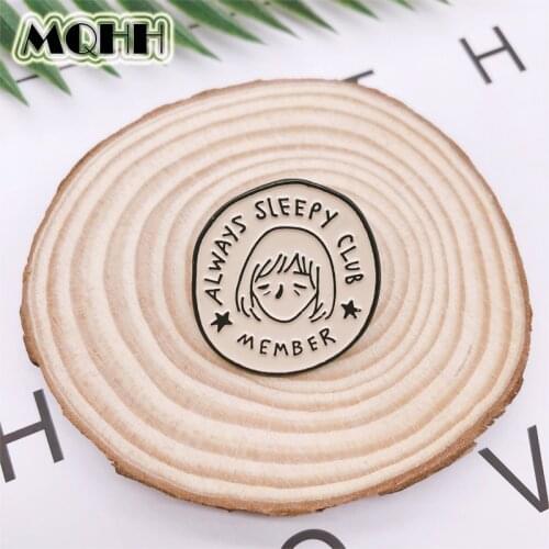 Cartoon round cute little girl avatar enamel brooch always sleepy club pin alloy badge clothes bag accessories punk jewelry gift