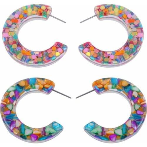 New Fashion Colorful Sequins C Shape Transparent Hoop Earrings for Women Girl Geometric Clear Round Circle Earrings Jewelry Gift