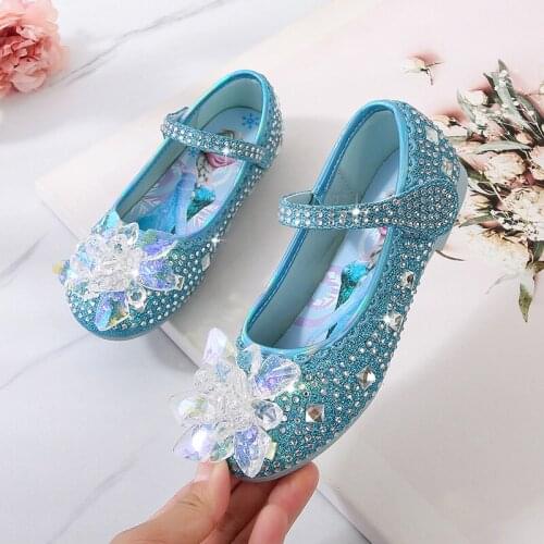 Disneys new elsa princess casual shoes girls hook loop sequins rhinestone girls leather shoes