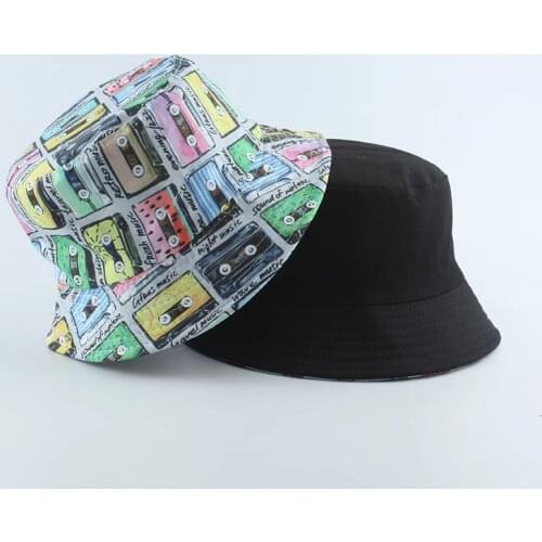 Cartoon Tape Print Double-sided Bucket Hat Men Summer Panama Sun Hats For Women Reversible Fishing Hip Hop Cap Fisherman Hat