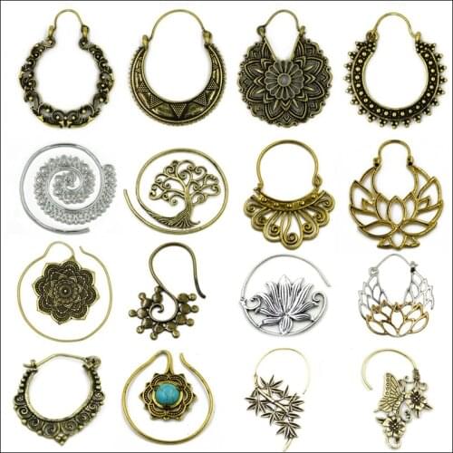 Pair Brass Tribal Indian Beaded Mandala Lotus Flower Design Spiral Drop Earring Charming Jewelry Dangle Ear Piercing 16 Style