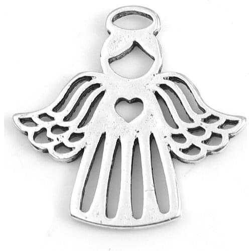 Angel Heart Charms Zinc Based Alloy Antique Silver Color 26mm x 26mm For DIY Jewelry Making Finding Accessories, 4 PCs