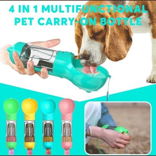 500ML Portable 4 in 1 Multifunctional Pet Carry-on Bottle For Pet Dog Drinker Feeder Travel Puppy Drinking Bowls Dispenser Acc
