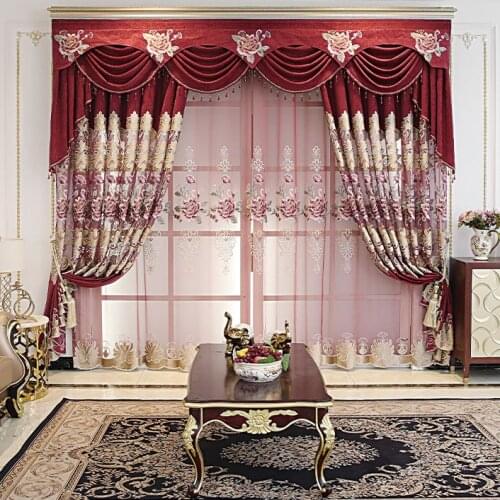 European Style Luxury Wine Red Blue Elegant Embroidered Curtains For Living Room Windows Bedroom Hotel Apartment Custom Curtains