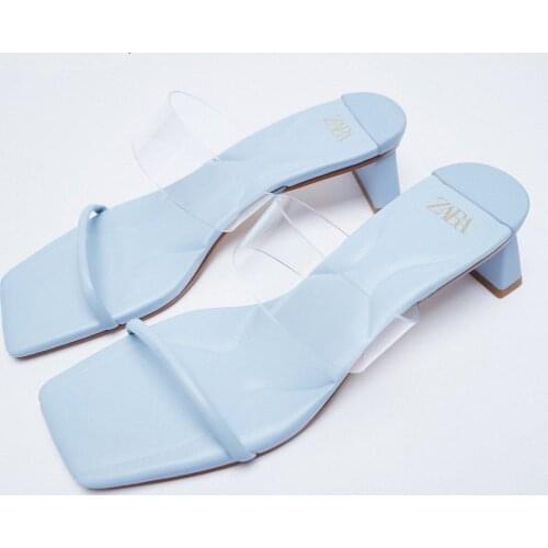Bailamos Women Slipper 2021 New Womens Light Blue Slippers High Heel Square Head Outside Comfortable Slip On Slides Shoes