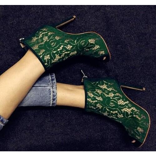 Summer 2017 Women Blue Green Lace Flowers Gladiator Cuts Out Peep Toe Zip Back Stiletto Heels Sandals Ankle Boots 43