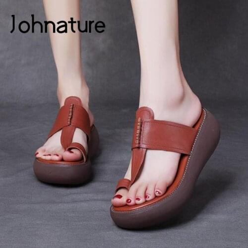 Johnature Genuine Leather Shoes Women Slippers Summer Outside Slides 2021 New Wedges Leisure Handmade Retro Ladies Slippers