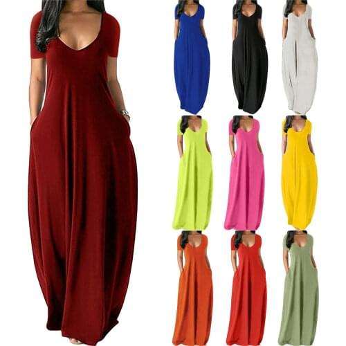 Somoshein S-5xl Maxi Dresses For Women Plus Size Casual Solid Color Short Sleeve Dress With Pockets Wholesale Dropshopping