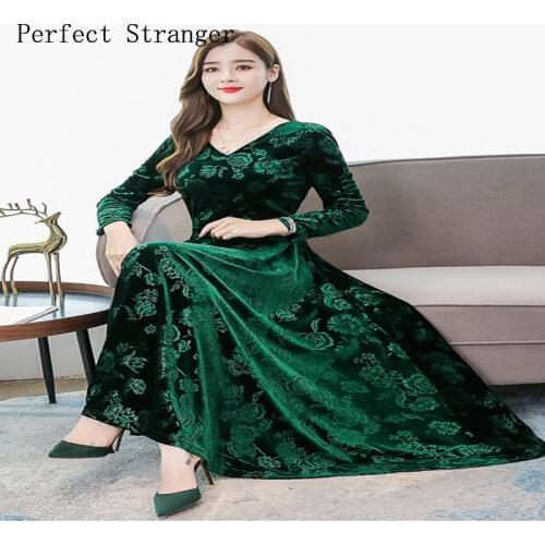 2021 Autumn Winter New Arrival High Quality Elegant S-4XL Long Sleeve Women Velvet Long Dress