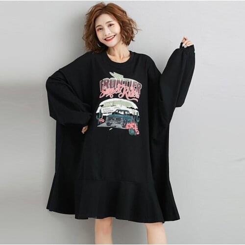 Plus Size Spring Dress Women 2020 New Loose Letter Printed Long Sleeve Vintage Fishtail Dresses Cotton Casual Female Vestidos