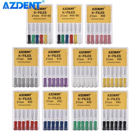 AZDENT 6Pcs/Pack Dental Hand Use K-Files 21mm Stainless Steel Endodontic Root Canal Files Dentist Tools Dental Lab Instruments