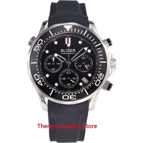 Bliger 41mm VK Quartz Wristwatch Men Sapphire Glass Luminous Waterproof Rubber Strap Date Sport Chronograph Function Watch Men