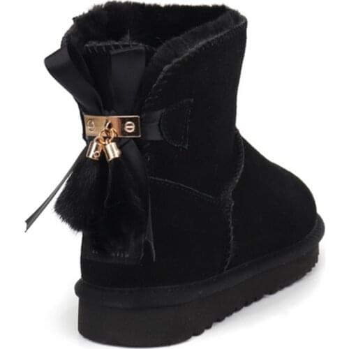 New Fashion Pendant Genuine leather fur lined Boys Girls bowknots pendant ankle snow boots for children winter shoes Black boots