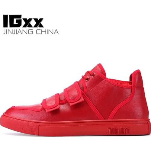 IGxx Casual Shoes For Men Hook&Loop Utility Men Leather Skateboarding Shoes Low Comfortable Sneakers Men Red