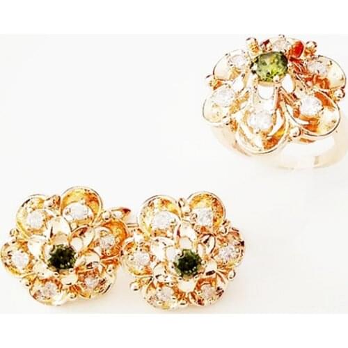 Trendy Women Jewelry Set Rose 585 Gold Color Earring Jewelry Sets Round Green Cubic Zircon Earring +Ring Jewelry Sets