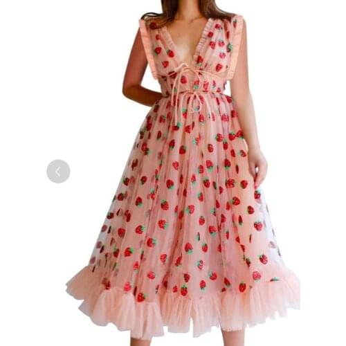 Summer Womens Sleeveless Strawberry Mesh Dress Sweet Wind Temperament Commuter High Waist Dress strawberry dress
