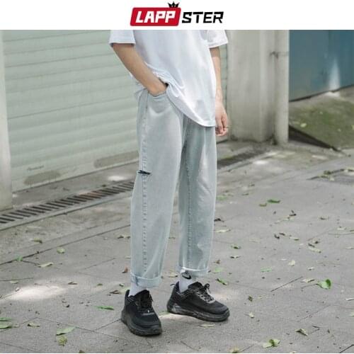 LAPPSTER Men Hole Ripped Jeans 2021 Mens Korean Blue Harajuku Distressed Jeans Denim Jeans Men Streetwear Fashion Desginer Pants