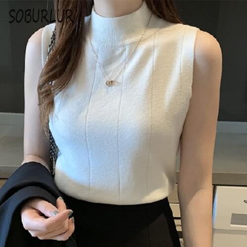 SOBURLUR 2021 New O-neck Knitted Vest Womens Sweater Korean Loose Wild Pullover Sweater Vest Sleeveless T-shirts Basic Top Tee