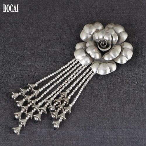 New Real S925 pure silver retro braided rope long tassel woman pendant handmade silver peony flower pendant for Woman