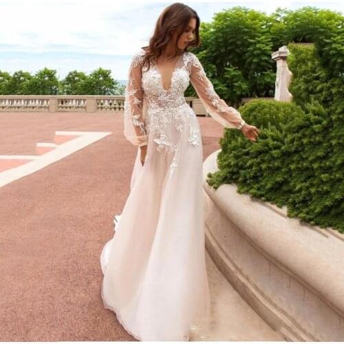 Sumnus Vintage Wedding Dresses 2020 V-neck Long Sleeves Beaded Beach Bridal Dress Boho Sexy Lace Wedding Gowns vestidos de novia