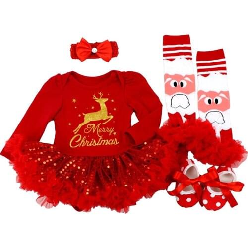 Merry Christmas Newborn Baby Girl Clothes Set Fashion Autumn Long Sleeve Romper Dess Shoes Headband Infant Clothing Xmas Outfits