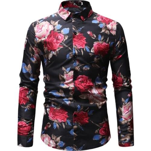 Mens Fashion Print Lapel Long Sleeve Shirt Men Shirt Slim Fit Floral Mens Dress Shirts Party Casual Prom Male Social Camisas