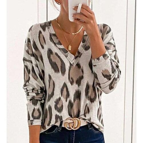 2020 Fashion Leopard Print V-Neck shirts Autumn Women Casual Loose Pullover Tops Elegant Lady Long Sleeve Shirt Streetwear