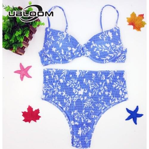 Sexy Underwired Push Up Bikini Set Ruched Bandeau Swimsuit Bikinis Women High Waist Bathing Suit Swimwear Floral Print Beachwear