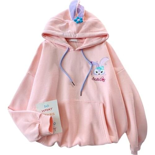 2021 Winter Pink Girly Style Fashion Women Hoodie Bunny Ears Sweatshirt Embroidery Purple Rabbit Five-pointed Star Lady Pullover