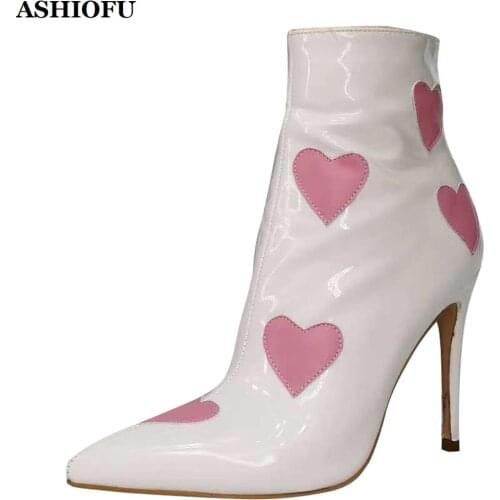 ASHIOFU New Womens Stiletto Heel Boots Heart-shape Party Prom Pointy Ankle Booties Evening BFCM Fashion Sexy Short Boots Shoes