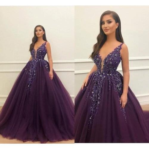 2020 Sexy Dark Purple Ball Gown Prom Dresses Tulle Deep V-Neck Sequins Sweet 16 Dress Custom Party Prom dress Evening dresses