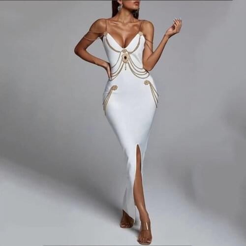 High quality ladies white chain bead thin straps V-neck split tie dress Kylie Jenner celebrity party sexy party elegant dress