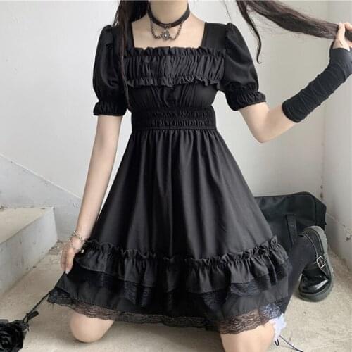 Japanese Dark Style Lace Puff Sleeve Hepburn Small Black sweet lolita Dress womenSummer New Style gothic dress classic lolita