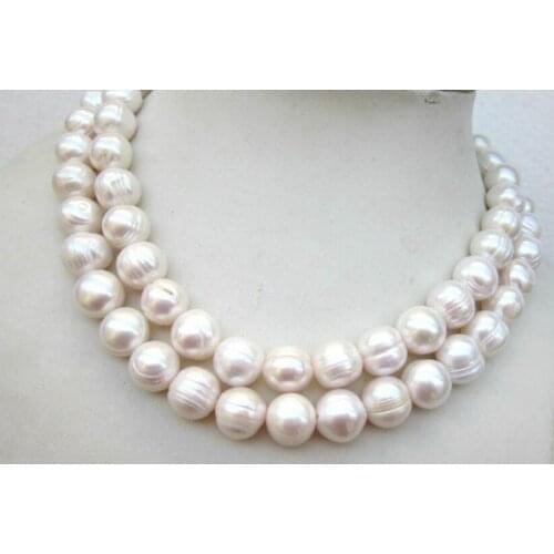 2 strands 11mm bright white round baroque pearl necklace natural Freshwater PEARL Women Jewelry 35cm 43cm 15'' 17