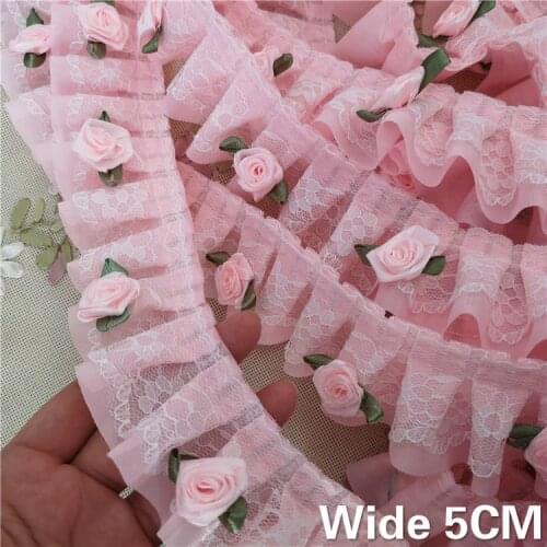5CM Wide Pink Lace Fabric 3D Flowers Applique Chiffon Pleated Collar Ruffle Trim Embroidery Laces Ribbon DIY Crafts For Sewing