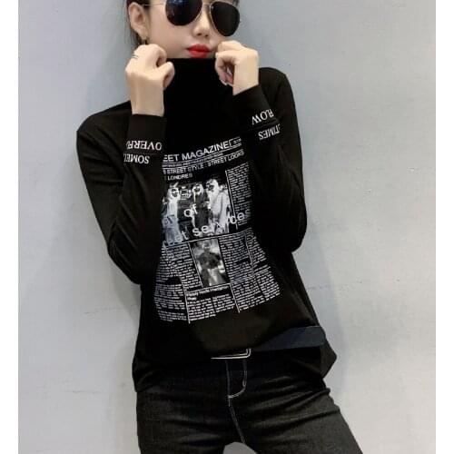 #5783 White Black Printed Streetwear T Shirt Women Cotton Long Sleeved Casual Hip Hop T Shirt Harajuku Turtleneck T-shirt Slim