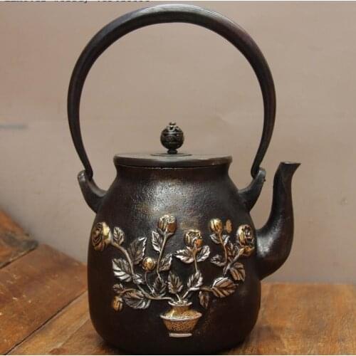 Archaic Jepan Iron Silver Gilt Rose Flower Butterfly Water Pot TeaPot Teakettle