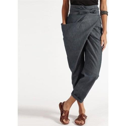 2021 Fashion Pencil Pants Women Lace Up Trousers Casual Elastic Waist Casual Pantalon Irregular Belted Solid Lace Up Turnip