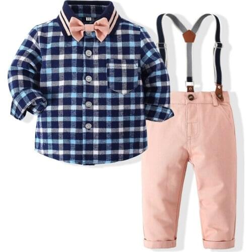 Kimocat Baby Boy Long-Sleeved Gentleman Suit, Baby Plaid Long-Sleeved Shirt + Bow Tie + Suspender Trousers Spring Suit 6M-3Y