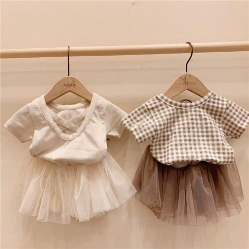 Korean Childrens Clothing Service Summer Girl Baby Back Cross Plaid Solid Color Short-Sleeved Top